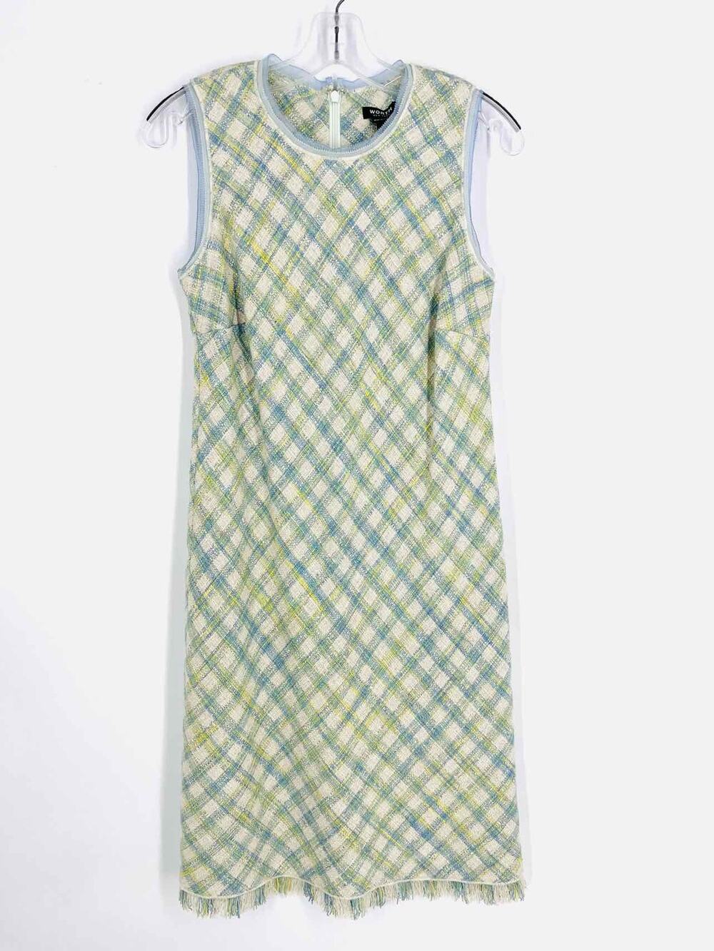 Worth Size 4 Beige/Blue Plaid Tweed Designer Dress